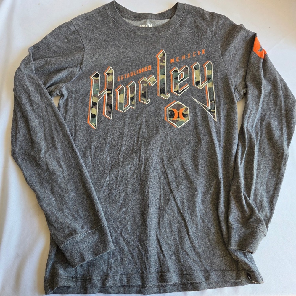 Hurley Mens Small Long Sleeve Graphic T-Shirt Grey‎ Camo Logo Nike Dri-FIT Tee
